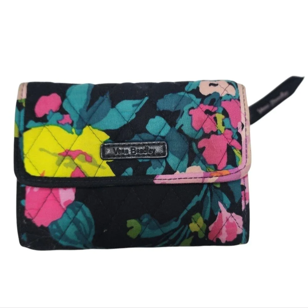 Vera Bradley Euro Wallet Black Hilo Meadow Magenta Quilted Fabric Fold Over Snap